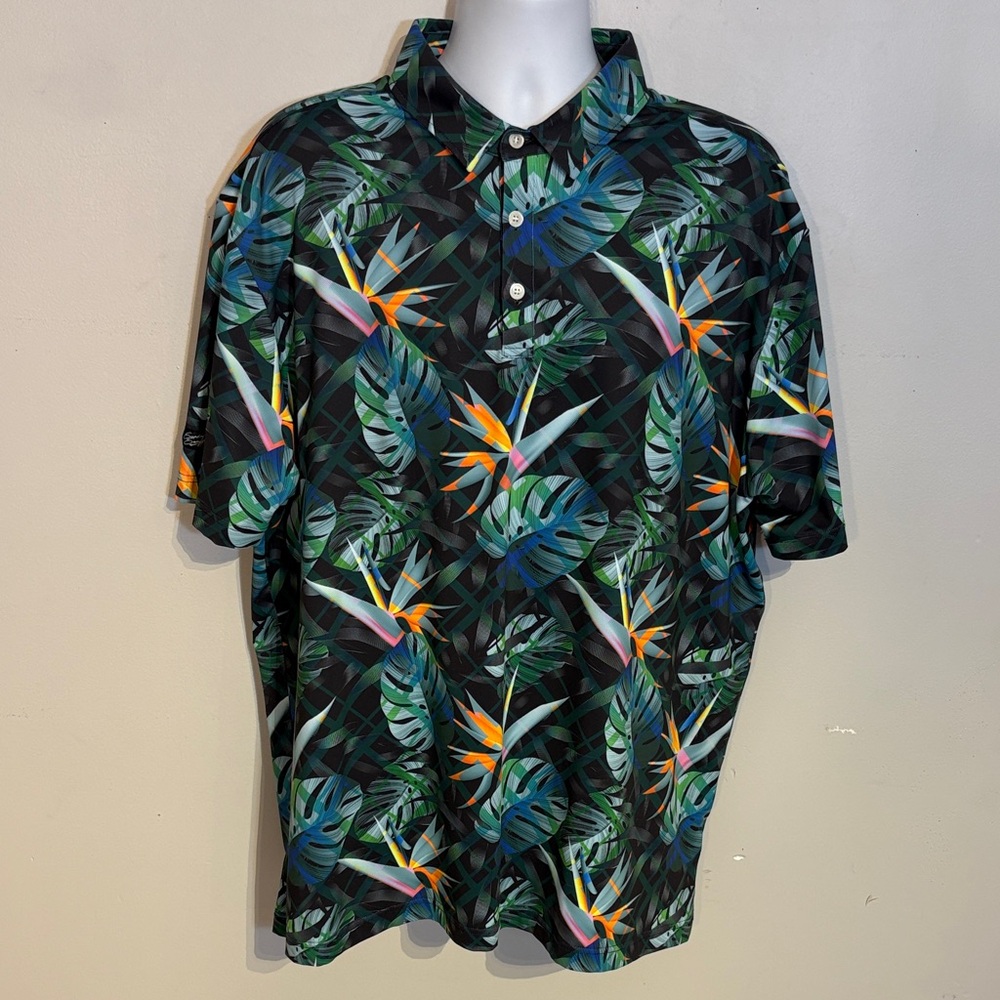 Sunday Swagger Vibrant Leaf and Bird of Paradise Hawaiian Print Polo Size 2XL